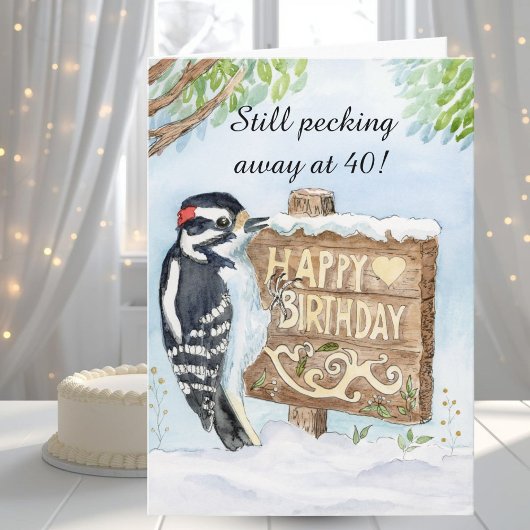 Happy 40th Birthday Downy Woodpecker カード