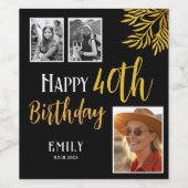 Happy 40th Birthday Gold Foliage 3 Photo  ワインラベル (シングルラベル)