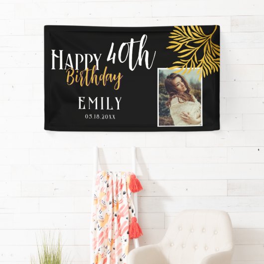 Happy 40th Birthday Gold Foliage Photo Backdrop 横断幕 (インサイチュ)