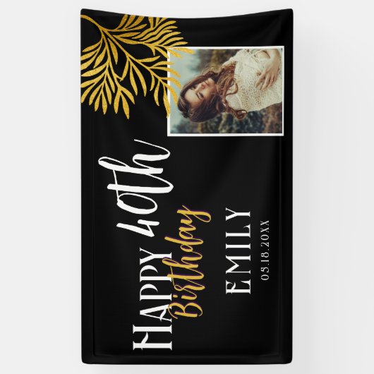 Happy 40th Birthday Gold Foliage Photo Backdrop 横断幕 (縦)