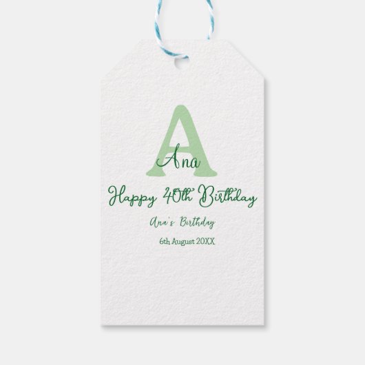 Happy 40th birthday green add name monogram modern ギフトタグ (裏面)