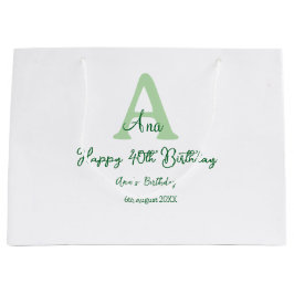 Happy 40th birthday green add name monogram modern ラージペーパーバッグ