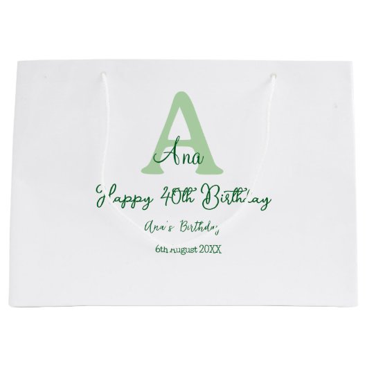 Happy 40th birthday green add name monogram modern ラージペーパーバッグ (正面)
