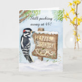Happy 45th Birthday Downy Woodpecker カード (黄色い花)