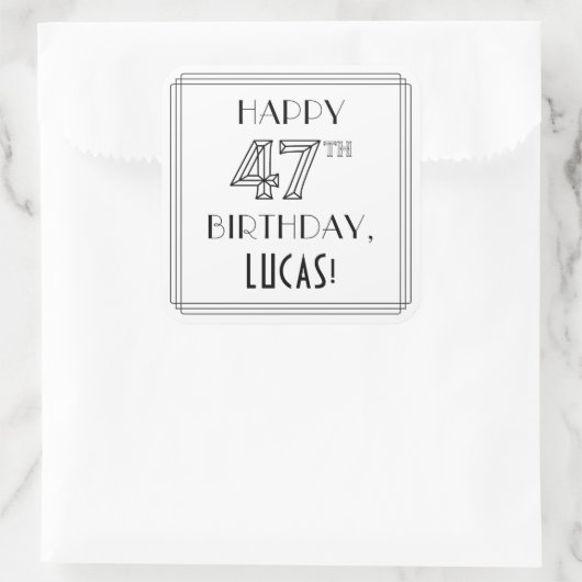 HAPPY 47th誕生日、アールデコスタイル、名前をカスタムする スクエアシール (バッグ)
