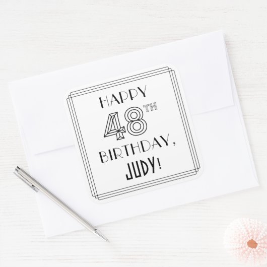 HAPPY 48th誕生日、アールデコスタイル、名前をカスタムする スクエアシール (封筒)