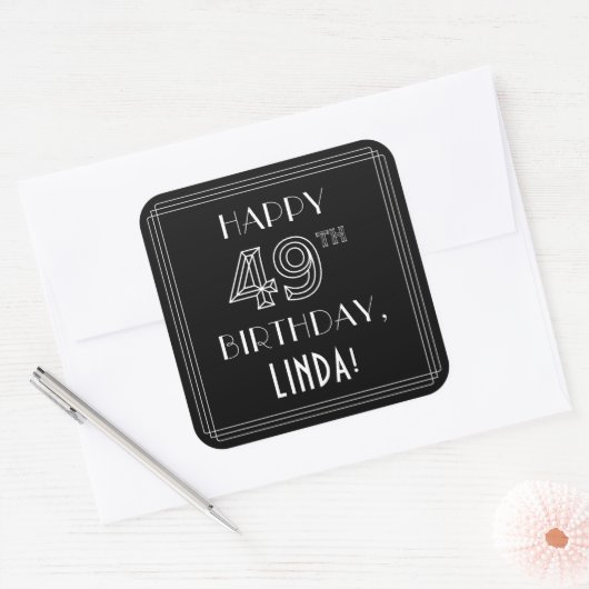 HAPPY 49th誕生日;アールデコスタイル;名前をカスタムする スクエアシール (封筒)