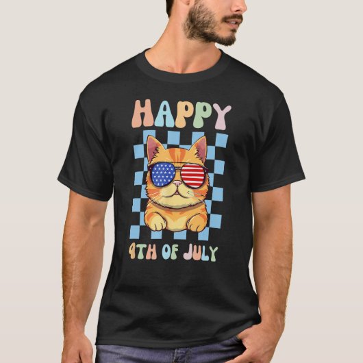 Happy 4 of 7月の猫サングラス愛国クールアメリカ tシャツ (正面)