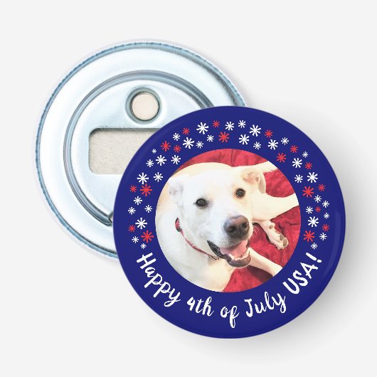 Happy 4 of 7月アメリカ笑顔おもしろい犬フォトブルー 栓抜き (正面)