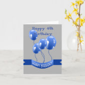 Happy 4th Birthday Blue Balloons カード (黄色い花)