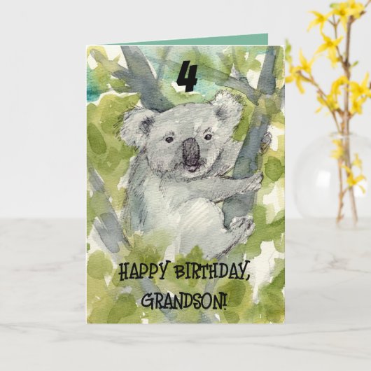 Happy 4th Birthday Grandson Koala Wildlife カード (黄色い花)