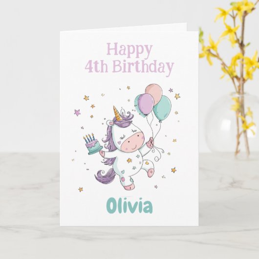 Happy 4th Birthday, Unicorn, Personalized カード (黄色い花)