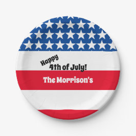 Happy 4th of 7月アメリカ国旗Add Family Name Pa ペーパープレート