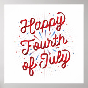 Happy 4th of 7月ポスター24x24 (赤グラデーション) ポスター