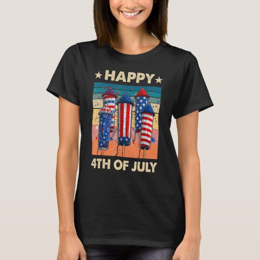 Happy 4th Of July American Flag Fireworks Patrioti Tシャツ (正面)