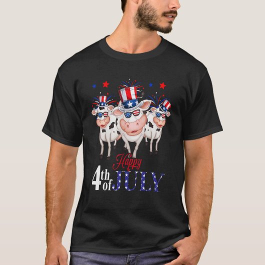 Happy 4th Of July American Flag Three Cute Cows Fi Tシャツ (正面)