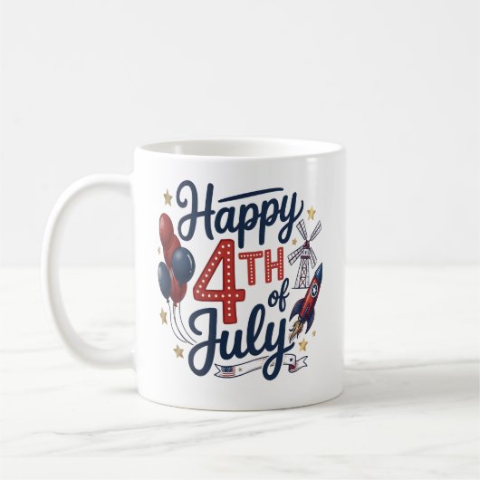 Happy 4th of July Patriotic Rocket & Stars コーヒーマグカップ (左)