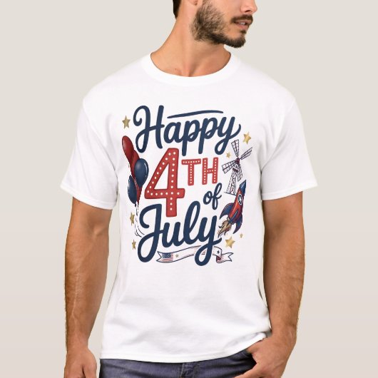 Happy 4th of July Patriotic Rocket & Stars Tシャツ (正面)