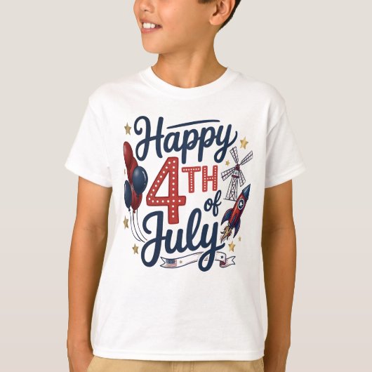 Happy 4th of July Patriotic Rocket & Stars Tシャツ (正面)