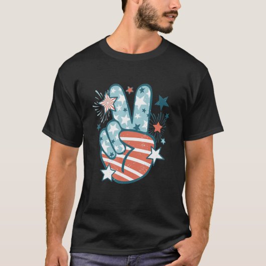 Happy 4th Of July Peace Hand Sign American Flag Pa Tシャツ (正面)