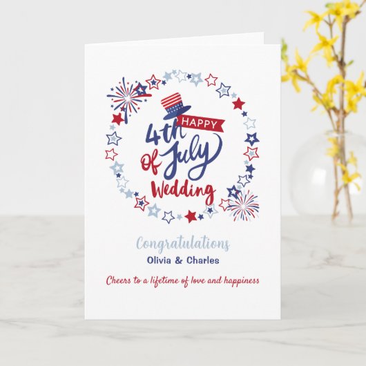 Happy 4th of July Wedding Congratulations Custom  カード (黄色い花)