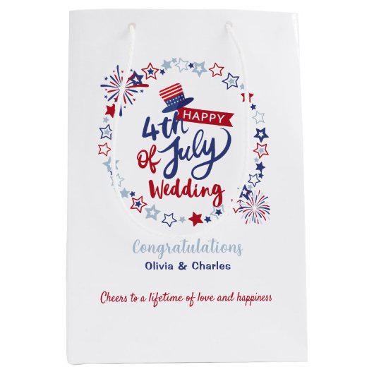 Happy 4th of July Wedding Congratulations Custom ミディアムペーパーバッグ (正面)