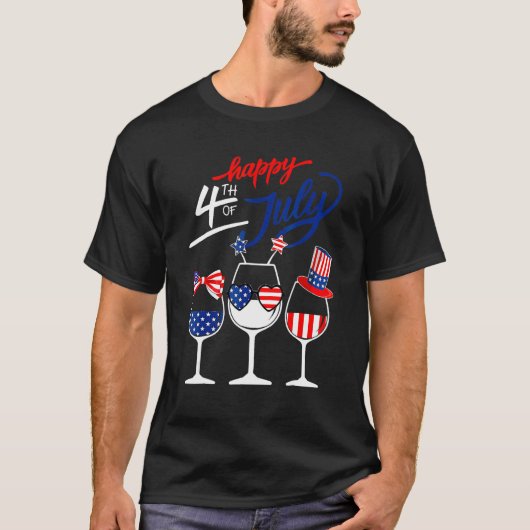 Happy 4th Of July Wine Glass US American Flag Dri Tシャツ (正面)