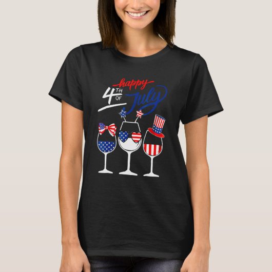 Happy 4th Of July Wine Glass US American Flag Dri Tシャツ (正面)