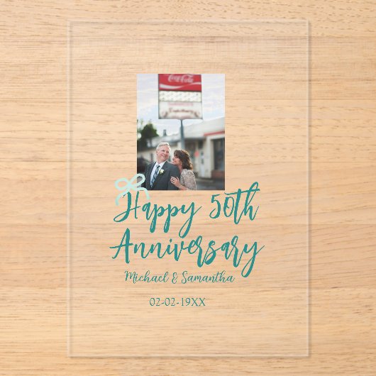 Happy 50th anniversary photo turquoise bow name da アクリル招待状 (正面)
