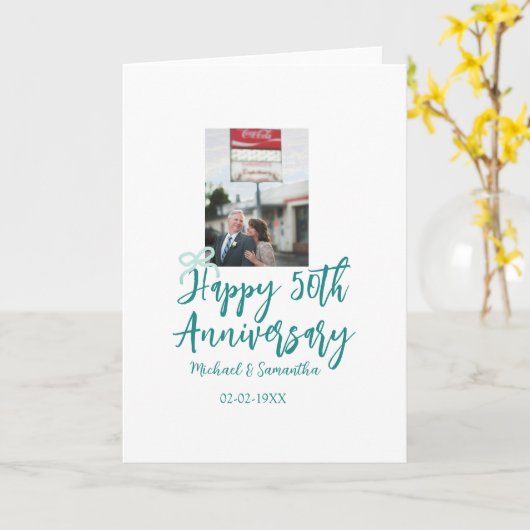 Happy 50th anniversary photo turquoise bow name da カード (黄色い花)