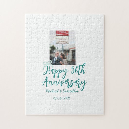 Happy 50th anniversary photo turquoise bow name da ジグソーパズル (縦)