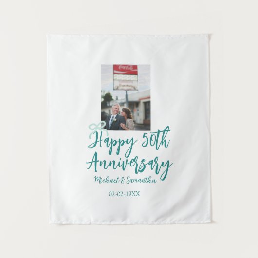 Happy 50th anniversary photo turquoise bow name da タペストリー (正面)