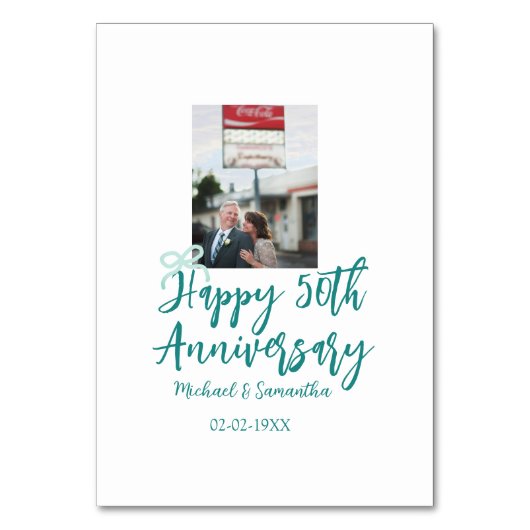 Happy 50th anniversary photo turquoise bow name da テーブルナンバー (正面)