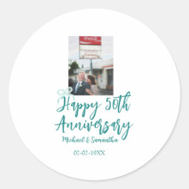 Happy 50th anniversary photo turquoise bow name da ラウンドシール