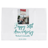 Happy 50th anniversary photo turquoise bow name da ラージペーパーバッグ (裏面)