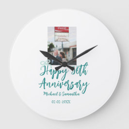 Happy 50th anniversary photo turquoise bow name da ラージ壁時計