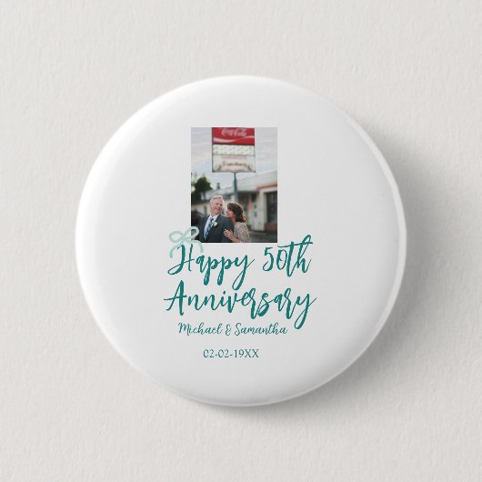 Happy 50th anniversary photo turquoise bow name da 缶バッジ (正面)