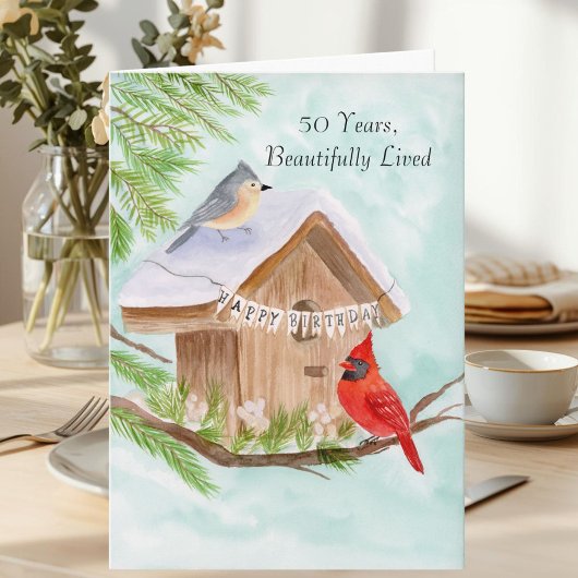  Happy 50th Birthday Birds at Birdhouse カード