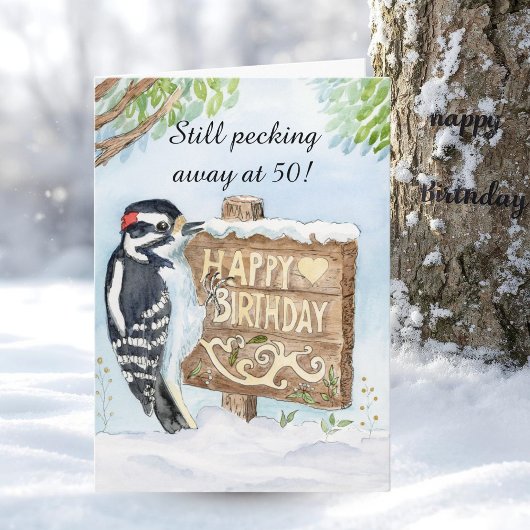 Happy 50th Birthday Downy Woodpecker カード