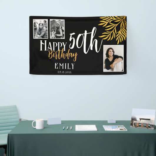 Happy 50th Birthday Gold Foliage 3 Photo Backdrop 横断幕 (トレードショー)