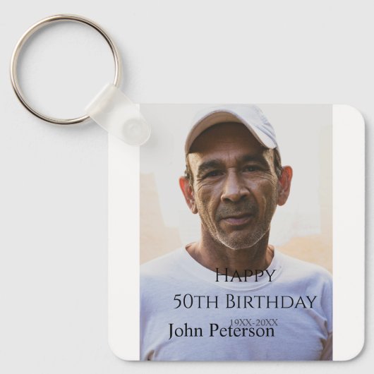 Happy 50th birthday name photo year man simple min キーホルダー (正面)