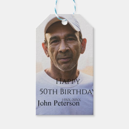 Happy 50th birthday name photo year man simple min ギフトタグ (正面)