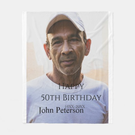 Happy 50th birthday name photo year man simple min フリースブランケット (正面)