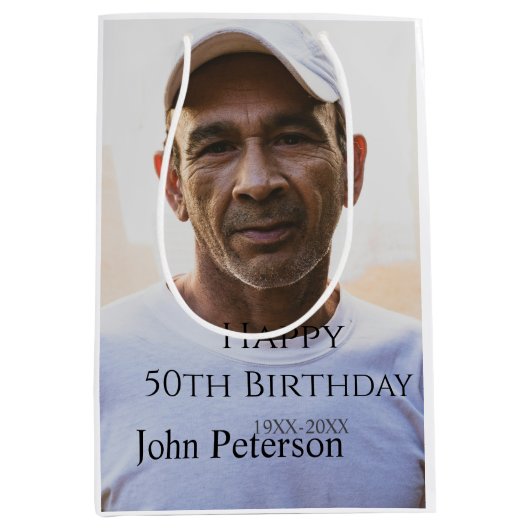 Happy 50th birthday name photo year man simple min ミディアムペーパーバッグ (正面)