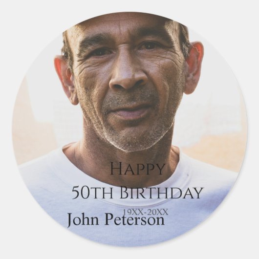 Happy 50th birthday name photo year man simple min ラウンドシール (正面)