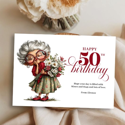 Happy 50th quirky woman card fun whimsical humor 招待状