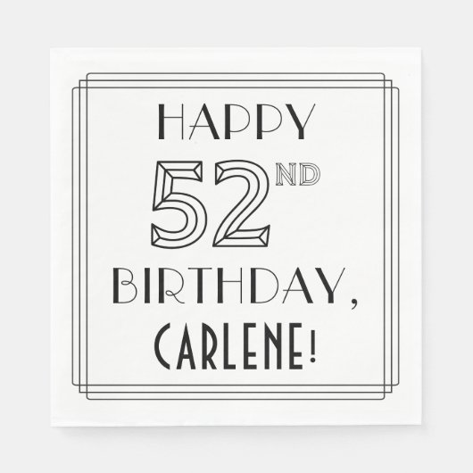 HAPPY 52nd誕生日、アールデコスタイル、名前をカスタムする スタンダードランチョンナプキン (正面)