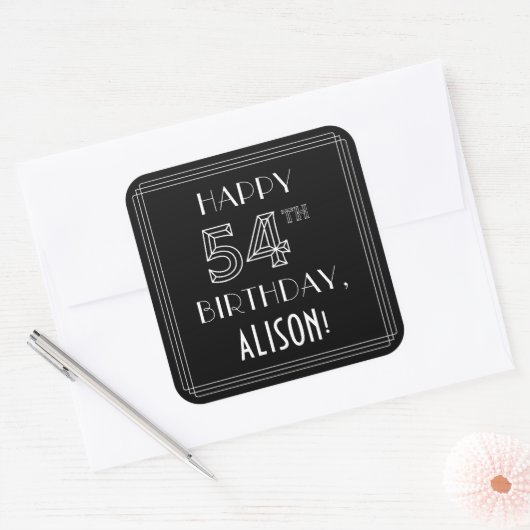 HAPPY 54th誕生日;アールデコスタイル;名前をカスタムする スクエアシール (封筒)