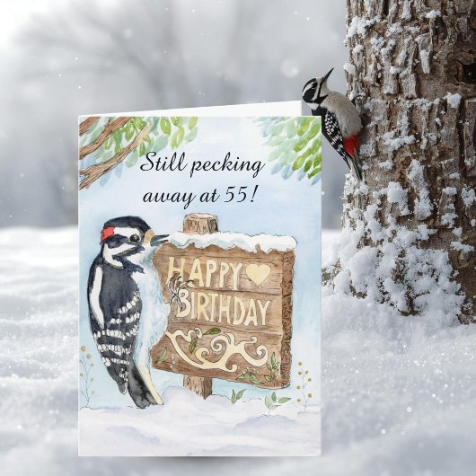 Happy 55th Birthday Downy Woodpecker カード