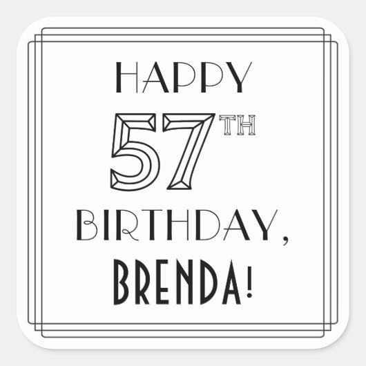 HAPPY 57th誕生日、アールデコスタイル、名前をカスタムする スクエアシール (正面)